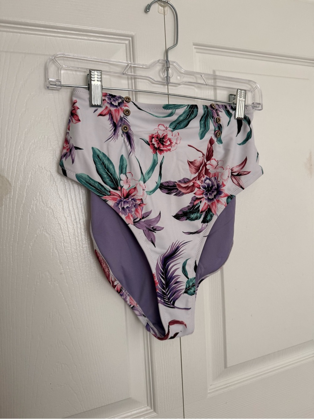 Jessica Simpson Floral High-Waist One-Piece Swimsuit in White, Purple, Green